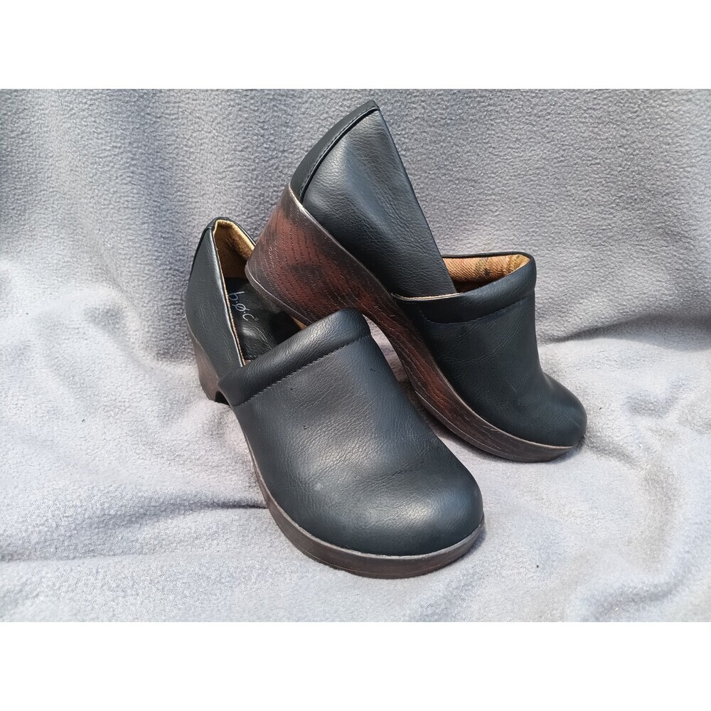 BOC Black Leather Mule Clogs Women’s 8M Wood Bottom Look Comfort Slip On